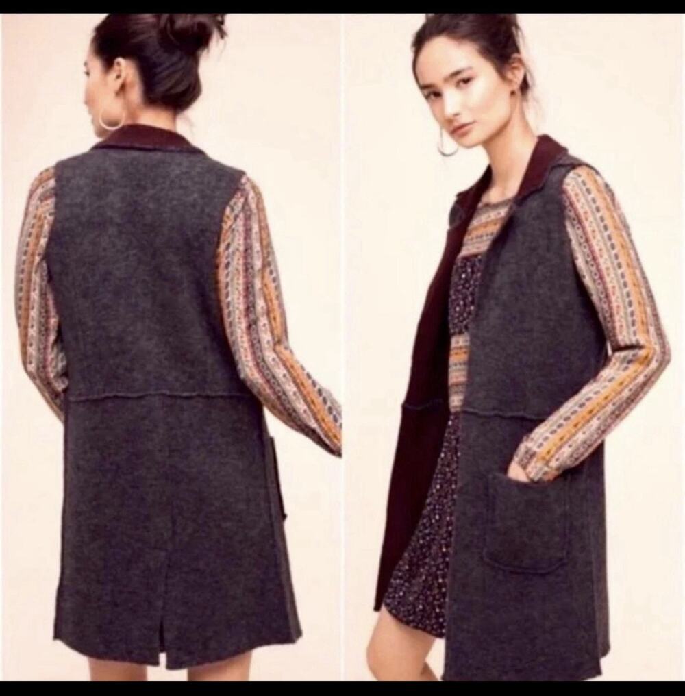 Moth for ANTHROPOLOGIE NWT Gray Wool Warm Long Knit Sweater VEST pockets Sz S